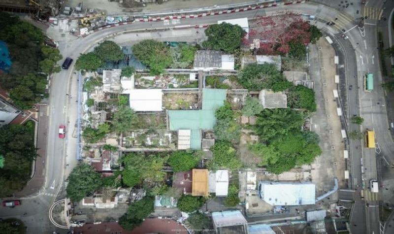 城中最後一條圍村、600年歷史的衙前圍村，Kevin一直跟進拍攝，從它沒拆到被拆，前兩個月拆得七七八八時，Kevin用航拍飛上天空，看看長在旁邊的紅色的木棉樹，它開得正盛。