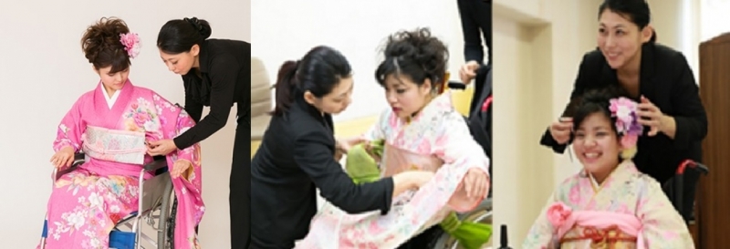 易穿和服系列和服腰间分开两截，下半身设有拉链位，轮椅使用者毋须站立也可穿着，穿着需时仅15分钟。新娘工作室亦提供化妆及衣服运送服务。（新娘工作室图片）