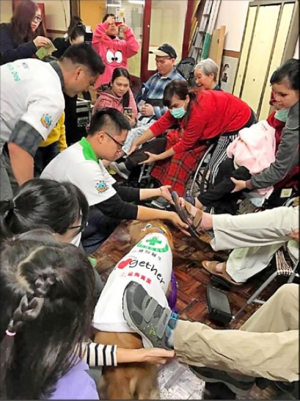 長者抬起腳讓狗醫生通過，訓練腿部肌肉