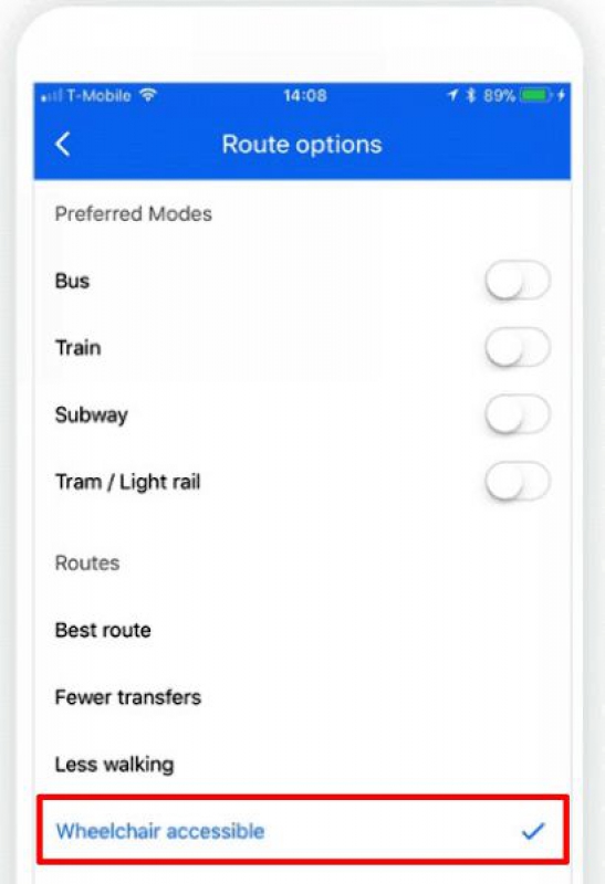 Google 地图新增的「无障碍通道」选项
