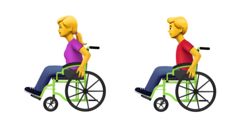 蘋果給輪椅emoji 設計了兩種類型，一種是常見的手動輪椅，另一種則是電動輪椅，類似霍金使用那種。