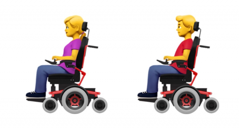 蘋果給輪椅emoji 設計了兩種類型，一種是常見的手動輪椅，另一種則是電動輪椅，類似霍金使用那種。