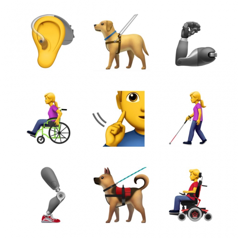 蘋果這次推出的emoji 包括了導盲犬、盲人拐杖、助聽器和輪椅等13 個emoji，如果算上不同的膚色共有45 個