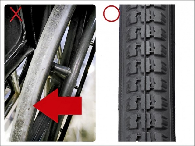 左边箭头处的胎纹已严重磨损，需要更换