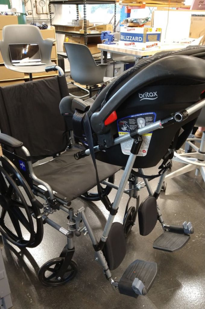 One option connects a car seat to a wheelchair. 
