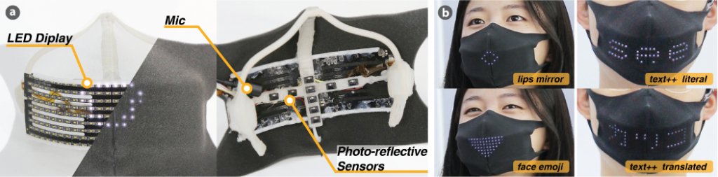 麦克风和阵列在口罩内部的光折射感应器侦测嘴唇动态和语音并将其转译为LED嘴部形状、表情符号和文字