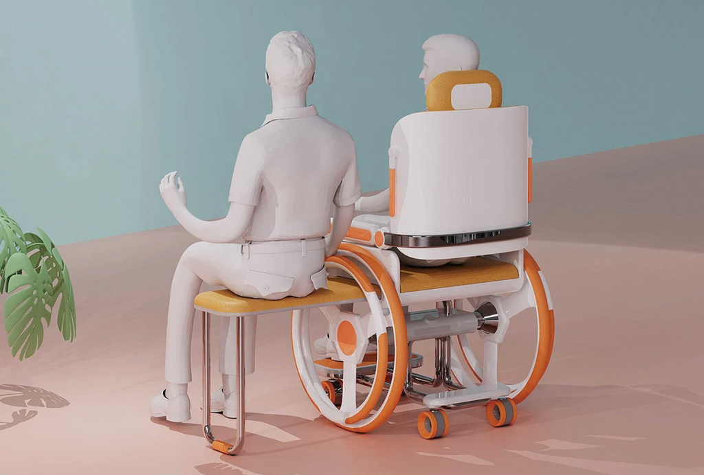 This foldable wheelchair has a concealed seat to help the wheelchair pusher rest