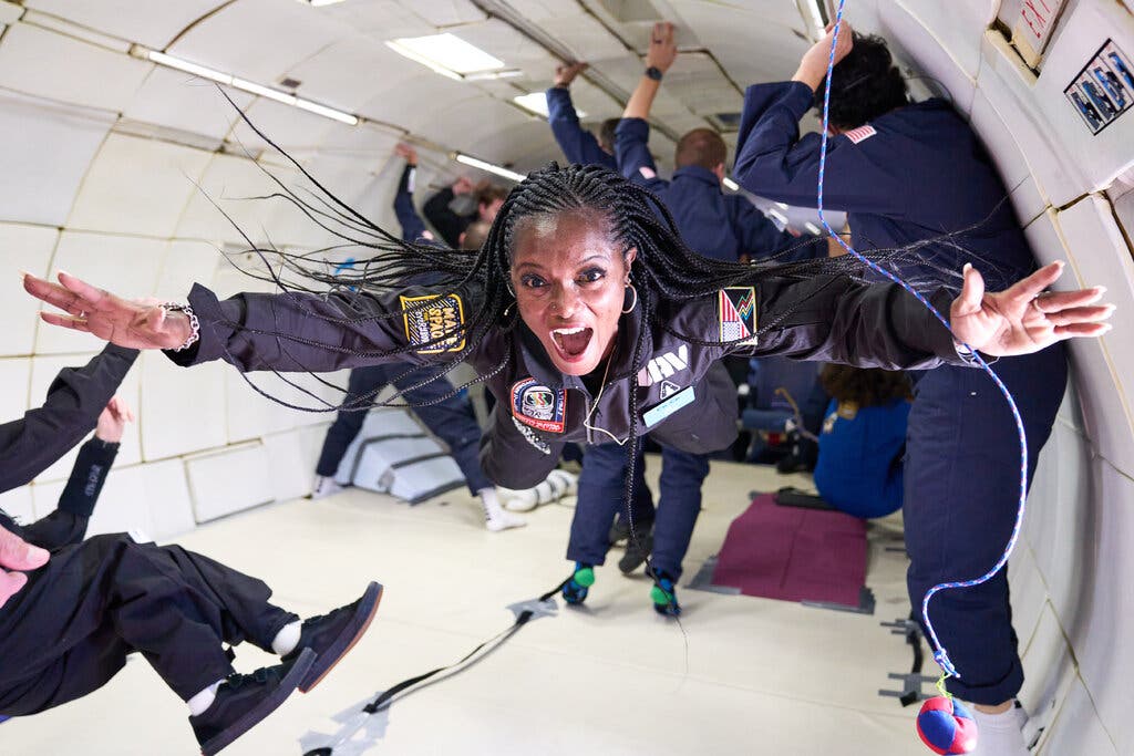 Centra Mazyck, who is an incomplete paraplegic, aboard AstroAccess Flight One, a parabolic flight th